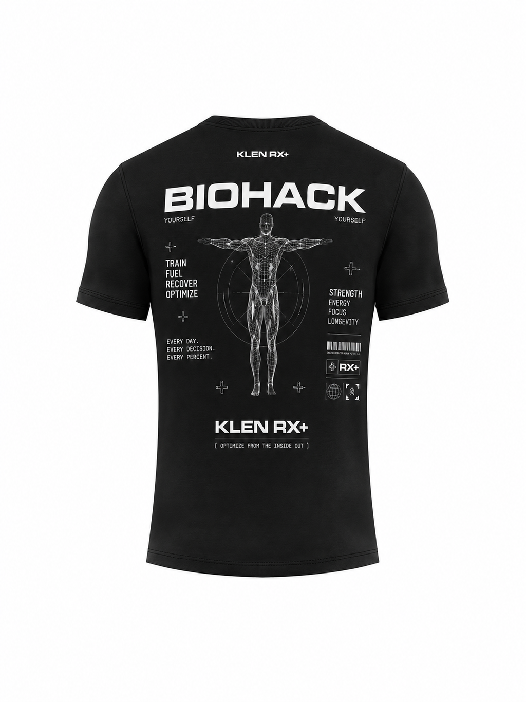 A black short-sleeve crewneck t-shirt with a white graphic print on the back. The design features a human figure in a Vitruvian Man style, surrounded by text including 'BIOHACK', 'KLEN RX+', and 'RX'.