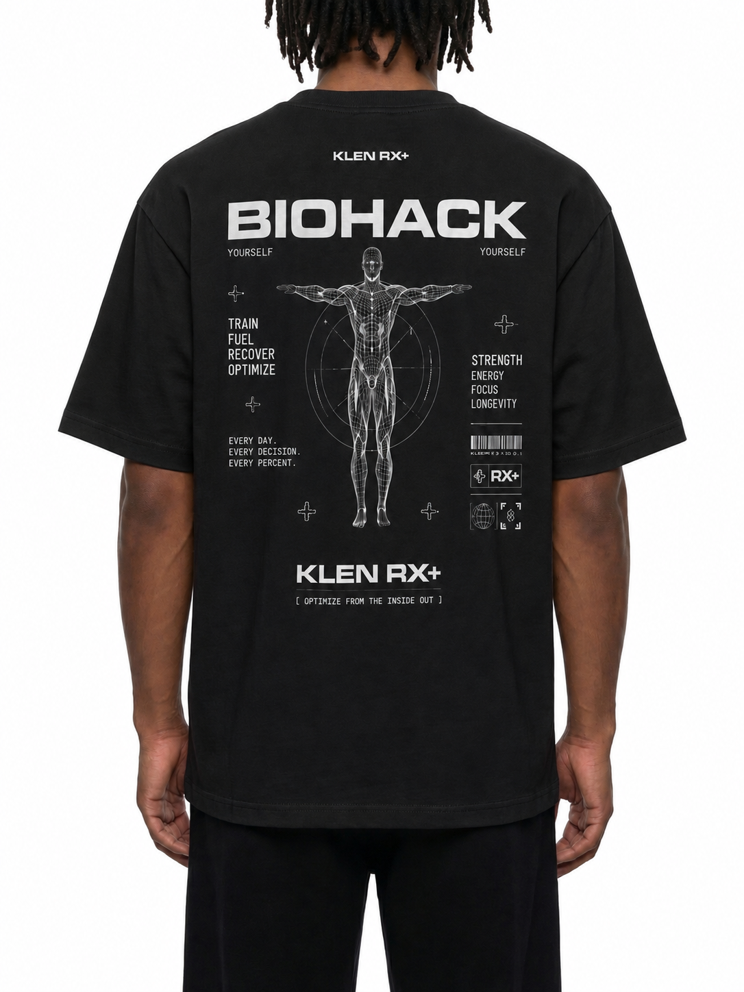 A man viewed from the back wearing a black oversized T-shirt with a large white sci-fi graphic print that reads 'BIOHACK' and 'KLEN RX+'.