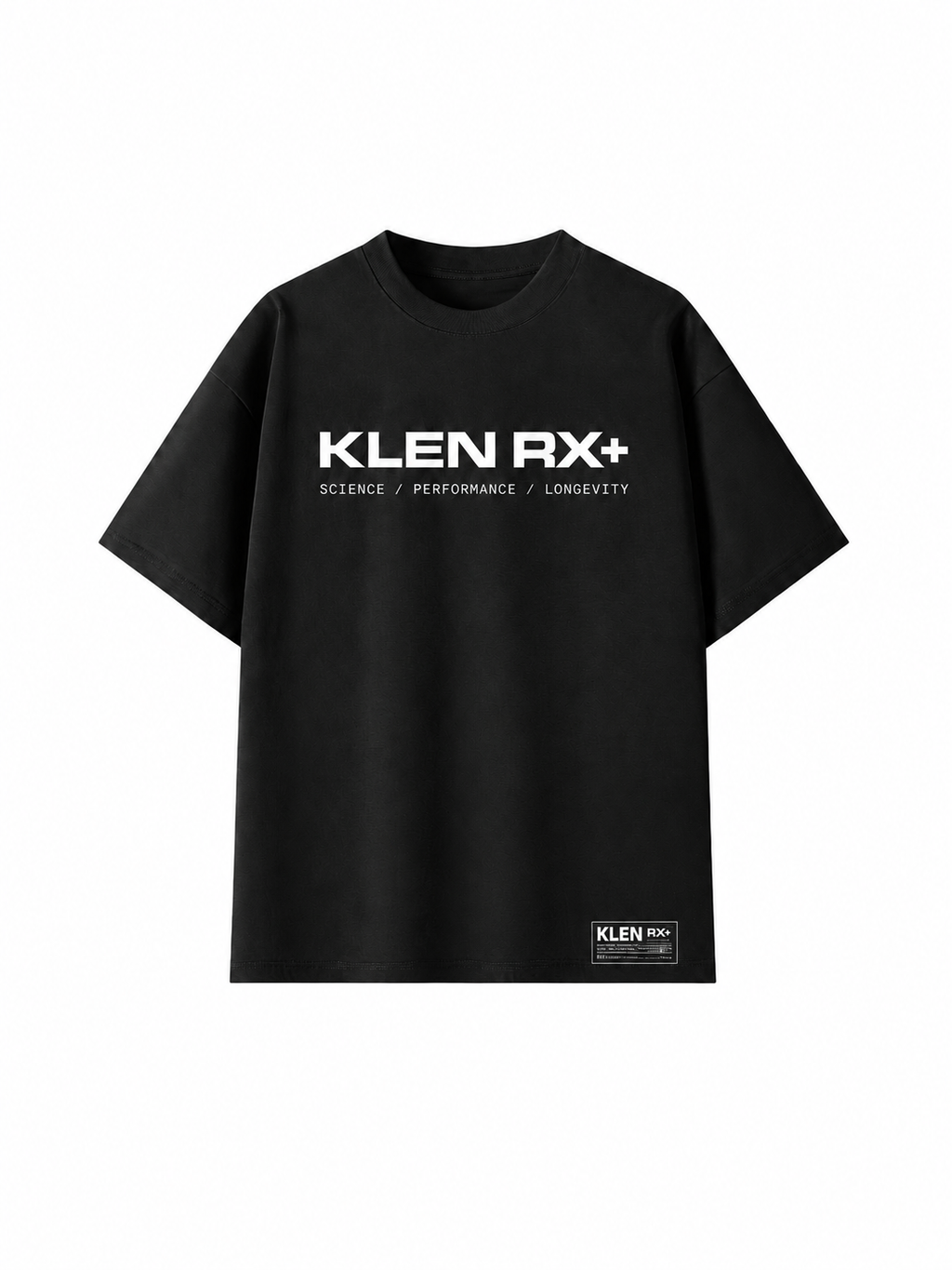A black short-sleeve t-shirt with 'KLEN RX+' printed in white across the chest, accompanied by the words 'SCIENCE / PERFORMANCE / LONGEVITY' underneath. A small black brand label is visible near the lower hem.